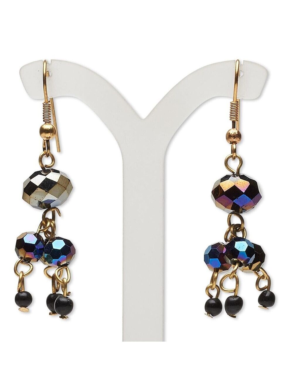 Handcrafted India Black Oil Slick AB Glass Beads Brass Dangle Earrings